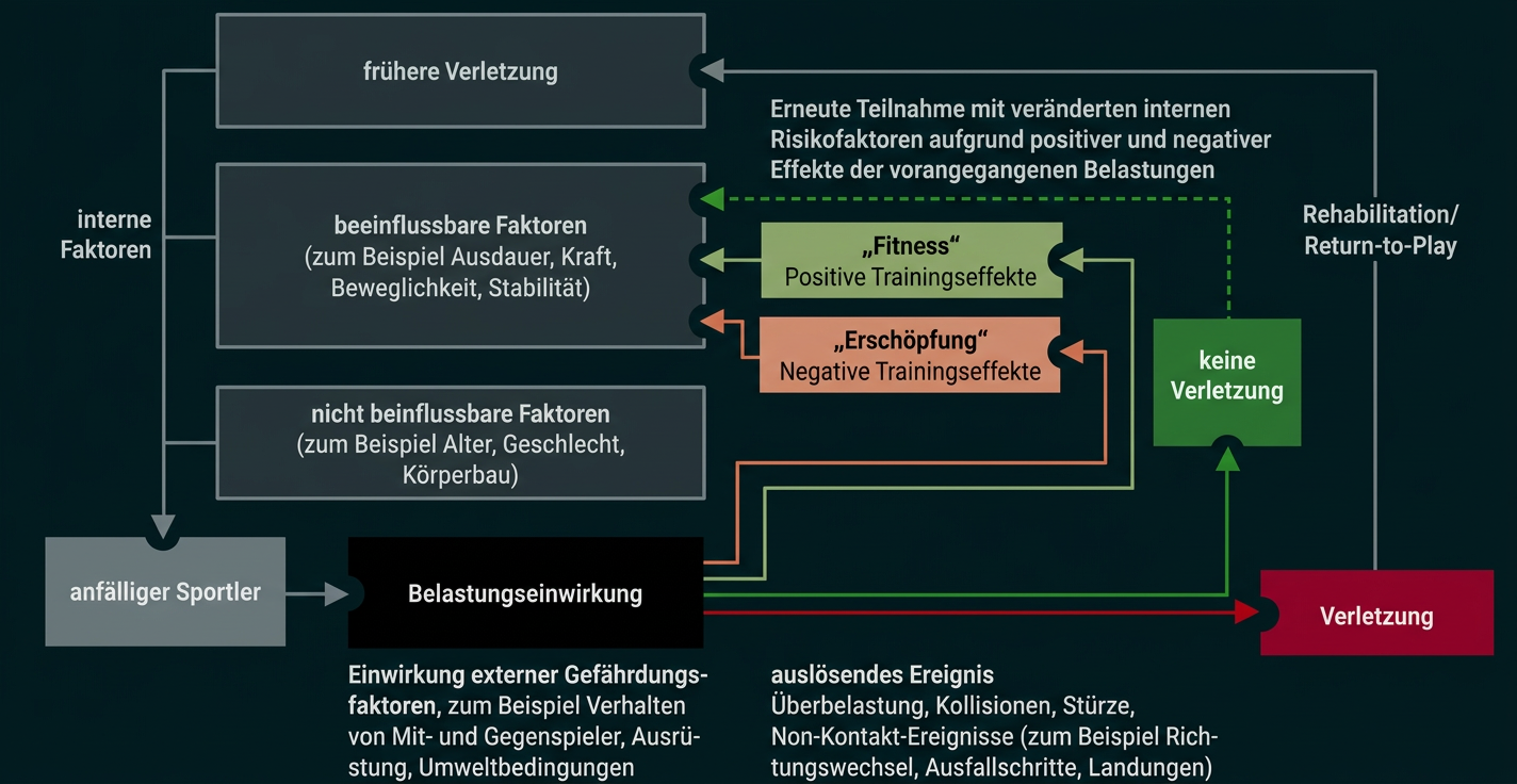 Flussdiagramm zu Verletzungsrisiken im Sport, Trainingsbelastung und Rehabilitation.